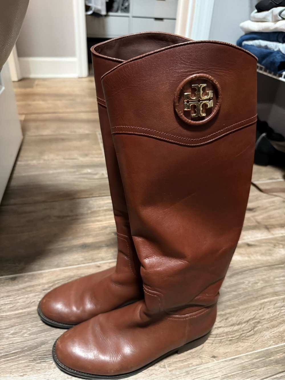 Tory Burch Chestnut Brown Leather Tall Riding Boots with Gold Logo